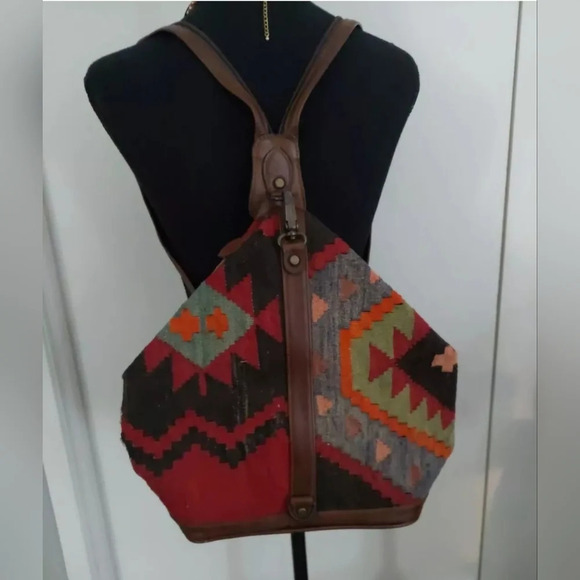 Turkish Wool Kilim Carpe backpack-bag Bohemian Tapestry Leather Straps Indiecore - Picture 1 of 11